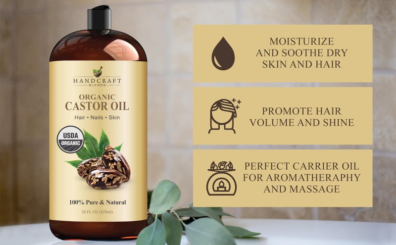 handcraft Blends زيت الخروع العضوي الممزوج يدويًا 28 أونصة سائلة | 100% نقي وطبيعي | زيت ناقل من الدرجة الممتازة | للشعر والرموش والحواجب | للشعر والجسم | مضغوط بالضغط | خالي من الهكسان - Image 5