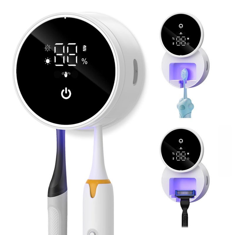 Temracha UV Toothbrush Cleaner Holder, Temracha LED Smart Screen, Cleaning and 60-Degree Drying, Automatic Rotating Cover Rechargeable Wall Mount Toothbrush Organizer for Bathrooms - Image 1