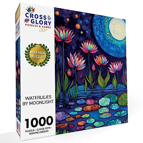 Cross & Glory Cross Glory Waterlilies by Moonlight 1000 Piece Jigsaw Puzzle for Adults Stunning Artwork of Moonlit Waterlilies in a Serene Pond Great for Relaxation and Display for Puzzle Enthusiasts - Image 5