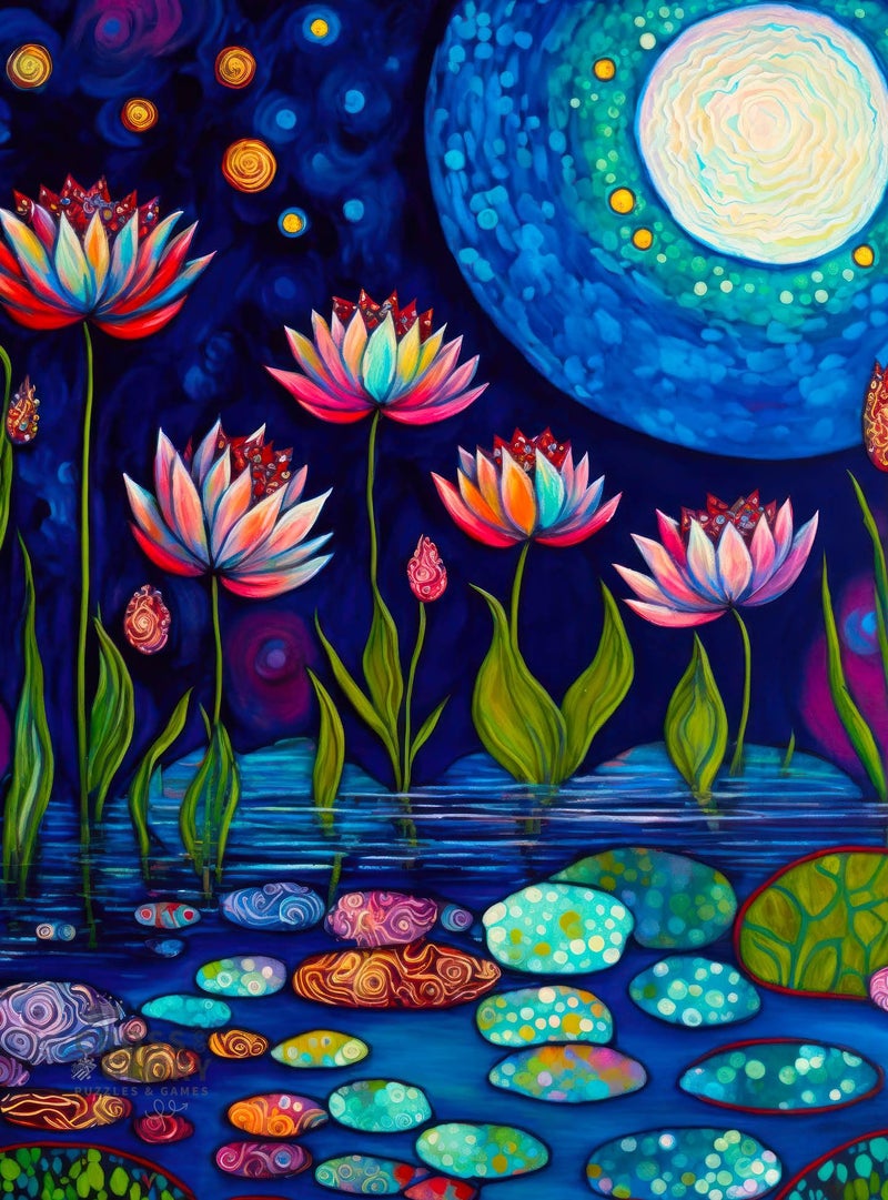 Cross & Glory Cross Glory Waterlilies by Moonlight 1000 Piece Jigsaw Puzzle for Adults Stunning Artwork of Moonlit Waterlilies in a Serene Pond Great for Relaxation and Display for Puzzle Enthusiasts - Image 4