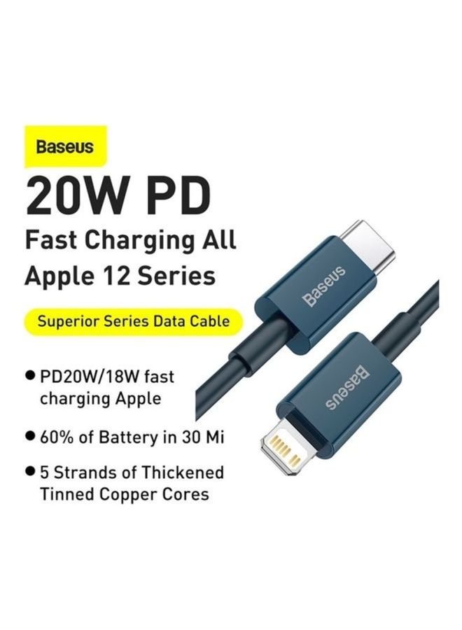 بيسوس كابل شحن سريع ونقل بيانات من USB C إلى Lightning من سلسلة سوبيريار بتقنية PD وقدرة 20 وات لهاتف أبل آيفون 13 و12 و11 برو ماكس وميني وXS وX و8 و7 و6 و5 وSE ولجهاز آي باد وغير ذلك (بطول مترين) أزرق - Image 2