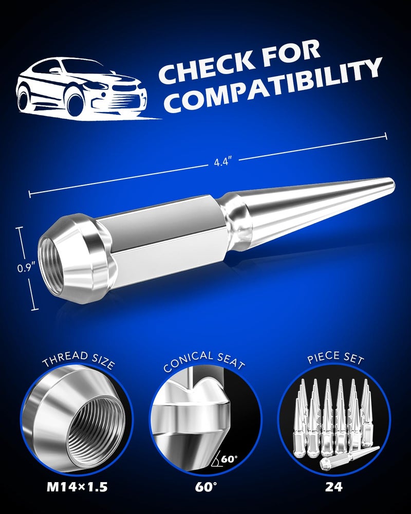 Orion Motor Tech M14x1.5 Spike Lug Nuts, 14mmx1.5 Wheel Lug Nuts Compatible with Silverado Suburban Express Avalanche 1500 Ford F150 GMC Sierra 1500 Ram 1500, 3/4" Hex Lug Nut Set, Set of 24, Chrome - Image 2