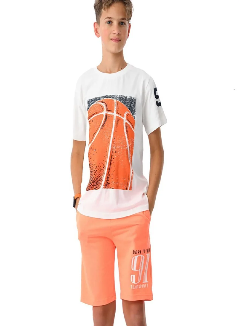URBASY Urbasy Boys/Teens Printed Round Neck T-Shirt Set With Orange Shorts