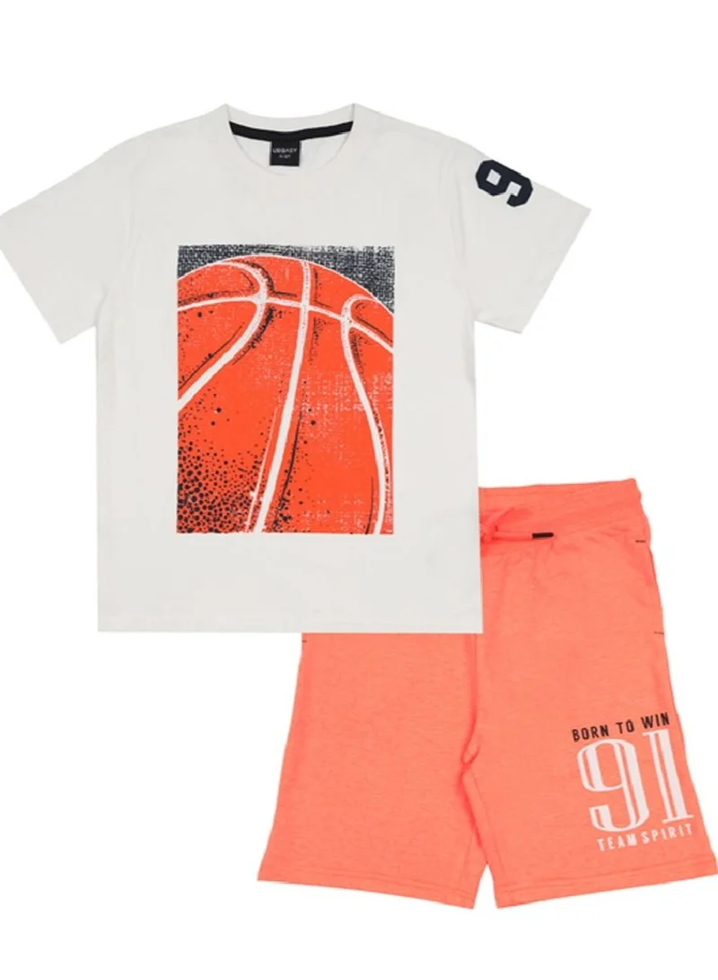 URBASY Urbasy Boys/Teens Printed Round Neck T-Shirt Set With Orange Shorts