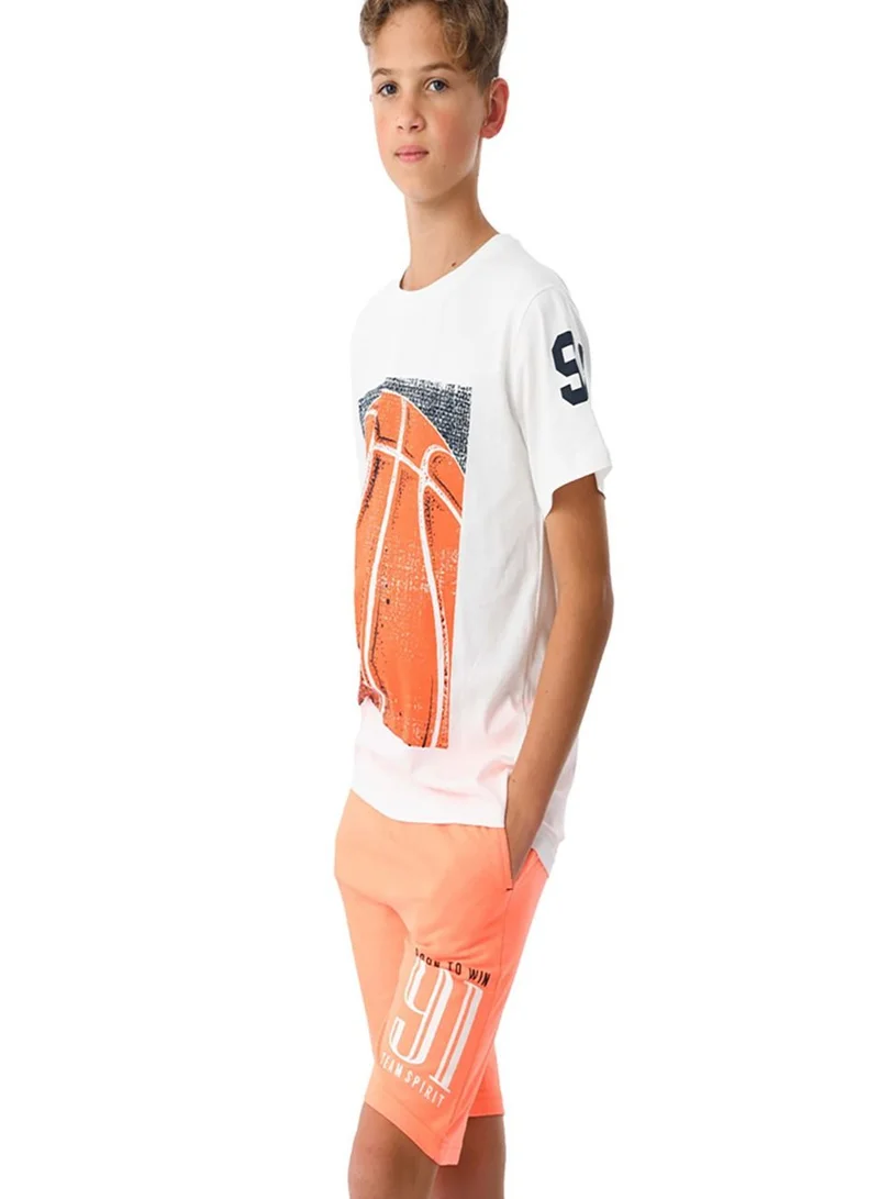 URBASY Urbasy Boys/Teens Printed Round Neck T-Shirt Set With Orange Shorts