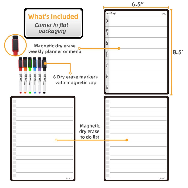 JJPRO Magnetic Weekly Calendar and to Do List for Fridge - 8.5" x 6.5" Weekly Meal Planner for Refrigerator and Dry Erase Daily to-Do List -6 Markers Included! - Image 2