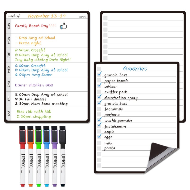 JJPRO Magnetic Weekly Calendar and to Do List for Fridge - 8.5" x 6.5" Weekly Meal Planner for Refrigerator and Dry Erase Daily to-Do List -6 Markers Included! - Image 1
