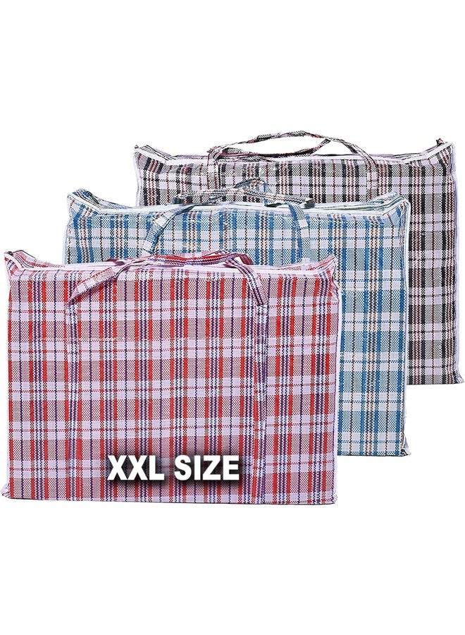 DUNISO 3 Pcs Moving Storage Laundry Bags Moving/Shopping Bags with Zipper & Handles - Reusable Storage Zip Bag,XL Size Heavy Duty Nylon Organizer Bags for Quilts Blankets Pillows Cloths，1 black Grid , 1 Red Grid, 1 Blue Grid  - Image 1