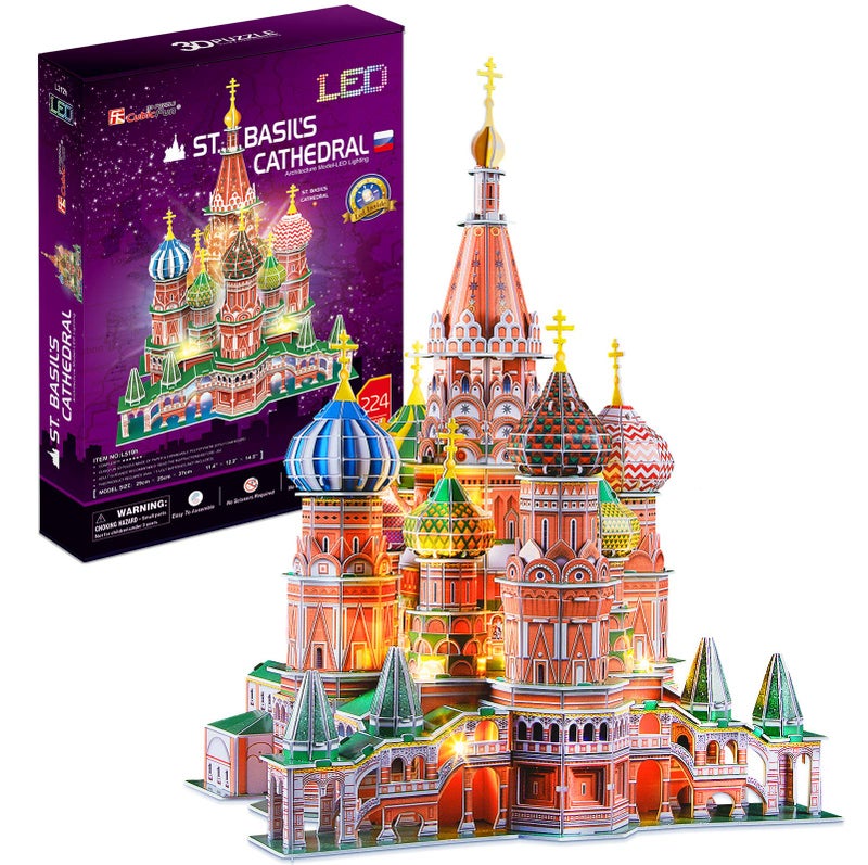 CubicFun LED Russia Cathedral 3D Puzzles for Adults Kids, St.Basil's Cathedral Architecture Building Church Model Kits Toys for Teens, 224 Pieces - Image 1