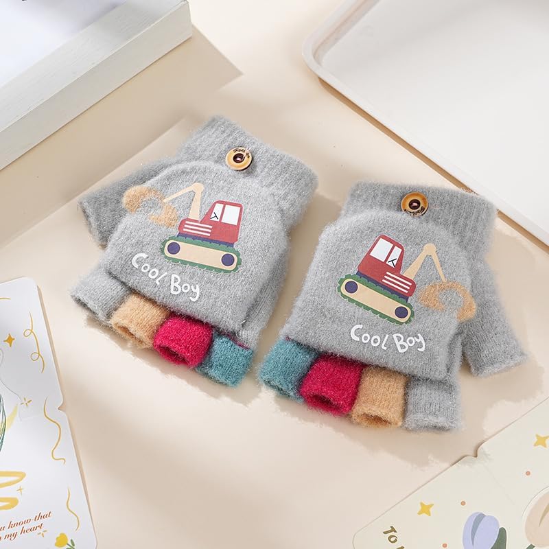 Newfancy Kids Boys Girls Dinosaur Flip Top Gloves with Mitten Cover Knitted Winter Fingerless Toddler Convertible Mittens - Image 2