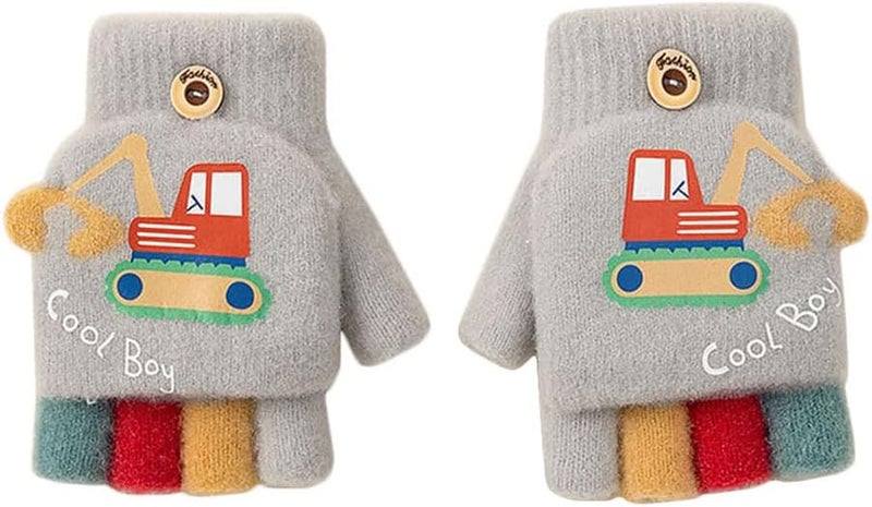 Newfancy Kids Boys Girls Dinosaur Flip Top Gloves with Mitten Cover Knitted Winter Fingerless Toddler Convertible Mittens - Image 1