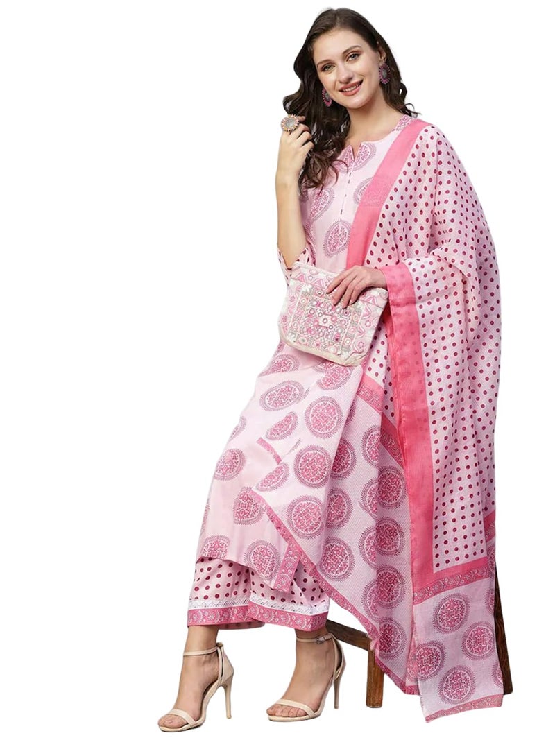 Tee Projekt Women's Cotton Blend Sweetheart Neck Straight Kurta Pant with Dupatta Set ll Straight Kurta Set ll Printed Kurta Set Pink - Image 1
