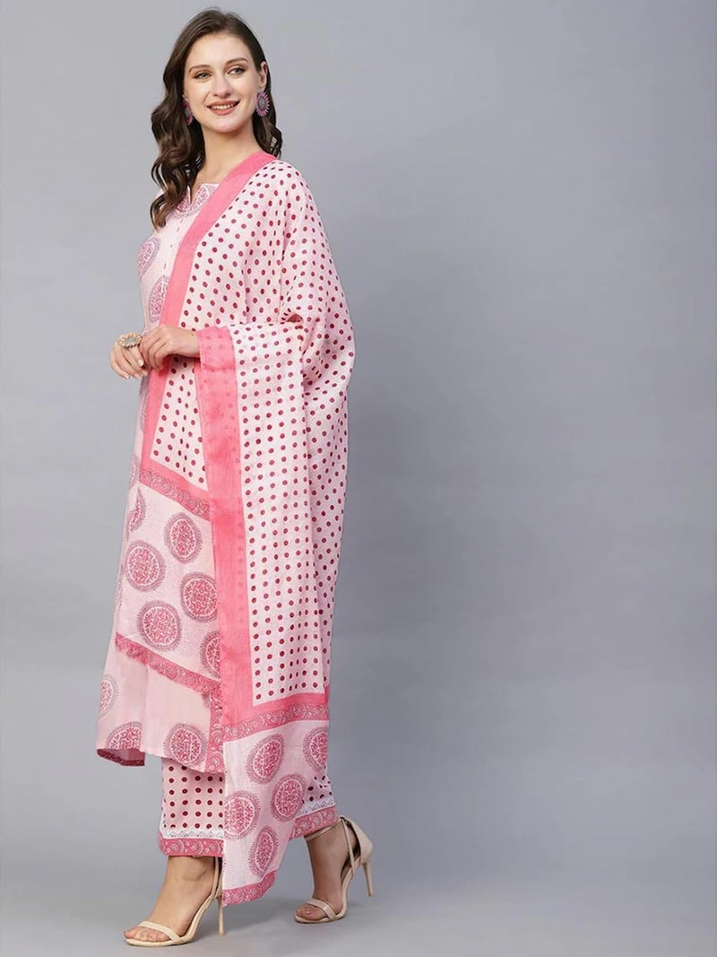 Tee Projekt Women's Cotton Blend Sweetheart Neck Straight Kurta Pant with Dupatta Set ll Straight Kurta Set ll Printed Kurta Set Pink - Image 3