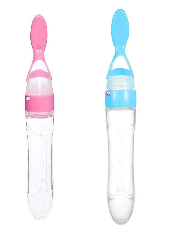 POPREX Baby Feeding Silicone Squeeze Feeding Spoon Milk Cereal Bottle Baby Training Feeder (Random Color/90 ml) (Blue and White Pack of 2)