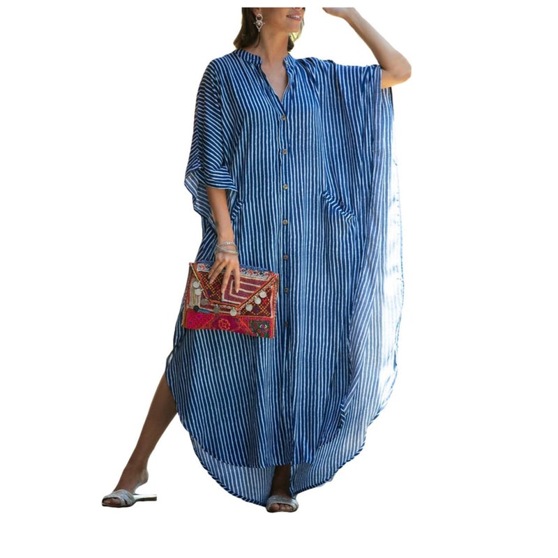 Zikra Maxi Bohemian Dress, Kimono, Beach Coverup, Women's Long Clothes, for Evening Wear, Summer Wear, Lounging at Home or Even as Sleepwear Amazing Gift for Ladies, One Size Fits Most (Blue) - Image 3