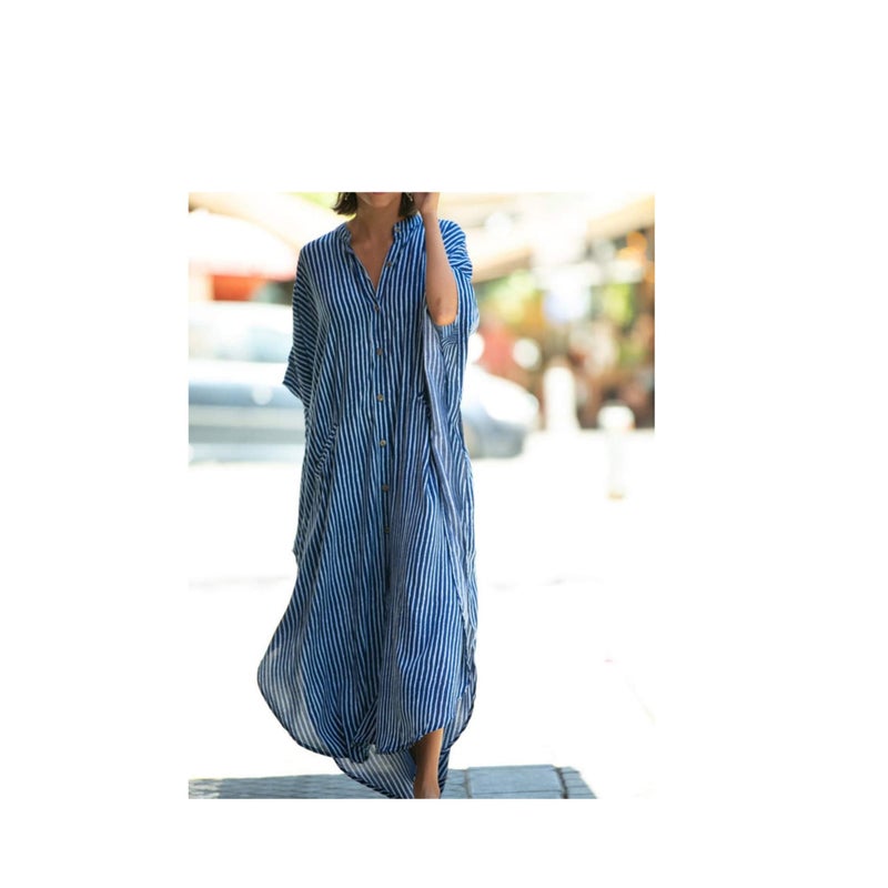Zikra Maxi Bohemian Dress, Kimono, Beach Coverup, Women's Long Clothes, for Evening Wear, Summer Wear, Lounging at Home or Even as Sleepwear Amazing Gift for Ladies, One Size Fits Most (Blue) - Image 1
