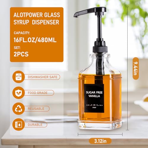 Alotpower 2Pack 16oz Glass Coffee Syrup Dispenser Bottles Empty Square Dispenser for Coffee Bar with 14oz Pump Kit Includes 36 Labels Marker - Image 3