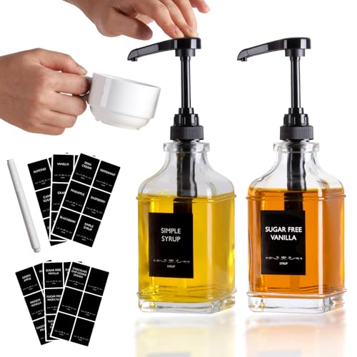 Alotpower 2Pack 16oz Glass Coffee Syrup Dispenser Bottles Empty Square Dispenser for Coffee Bar with 14oz Pump Kit Includes 36 Labels Marker - Image 1