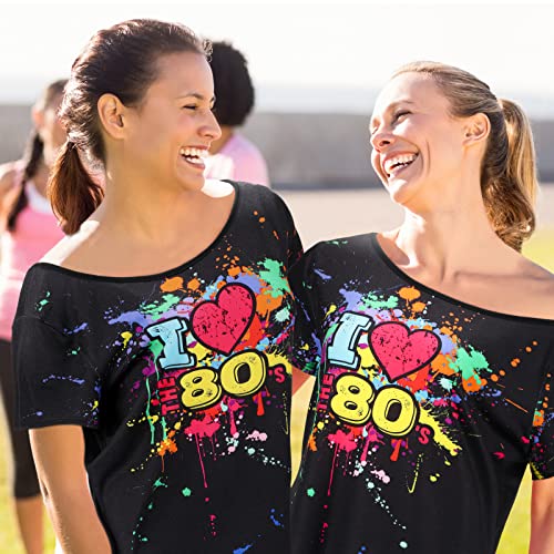 Geyoga 80s Outfit for Women Plus Size I Love The 80's Costumes 80s Off Shoulder T-Shirt Tops Neon Clothes Oversized(Black, X-Large) - Image 5