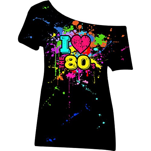 Geyoga 80s Outfit for Women Plus Size I Love The 80's Costumes 80s Off Shoulder T-Shirt Tops Neon Clothes Oversized(Black, X-Large) - Image 1