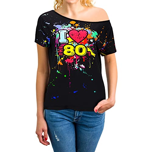 Geyoga 80s Outfit for Women Plus Size I Love The 80's Costumes 80s Off Shoulder T-Shirt Tops Neon Clothes Oversized(Black, X-Large) - Image 4