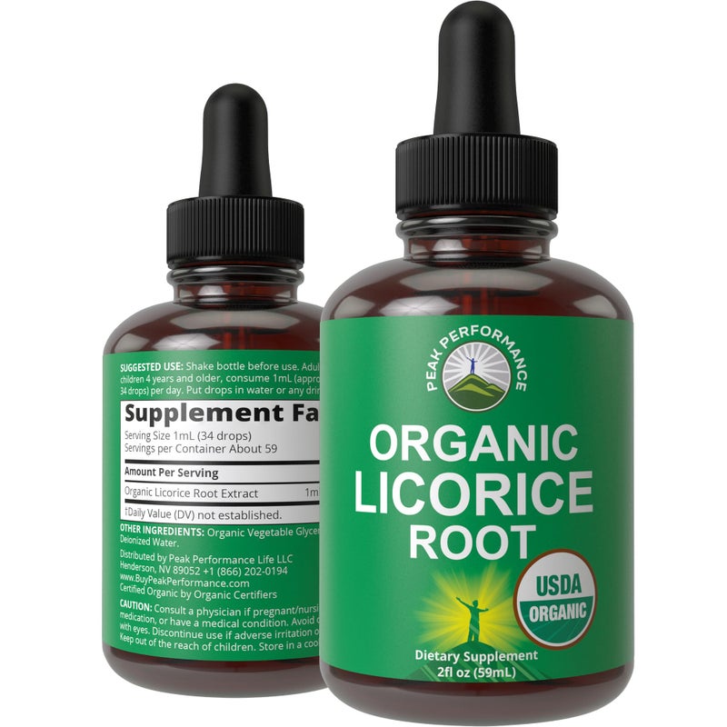 Peak Performance USDA Organic Licorice Root Extract Liquid Drops Supplement Vegan Tincture for Digestion Respiratory Health Extracto de Regaliz Root Oil Herb Zero Sugar Gluten Free Supplements for Women and Men