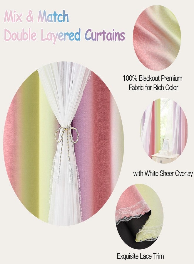 XiDi Blackout Curtains with Sheer Overlay for Girls Bedroom Double Layer Curtains for Kids Nursery Room Darkening Rainbow Princess Unicorn Wall Decals Pink Yellow Purple Grommet Top 2 Panels W34xL63 - Image 5