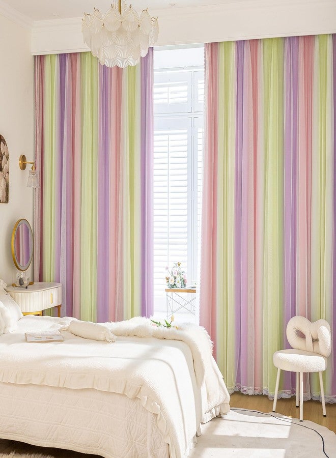 XiDi Blackout Curtains with Sheer Overlay for Girls Bedroom Double Layer Curtains for Kids Nursery Room Darkening Rainbow Princess Unicorn Wall Decals Pink Yellow Purple Grommet Top 2 Panels W34xL63 - Image 2