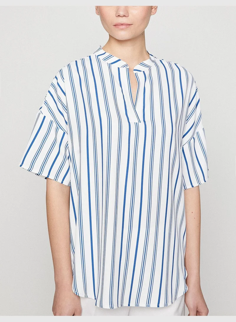 KOTON V Neck Short Sleeve Color Block Blouse