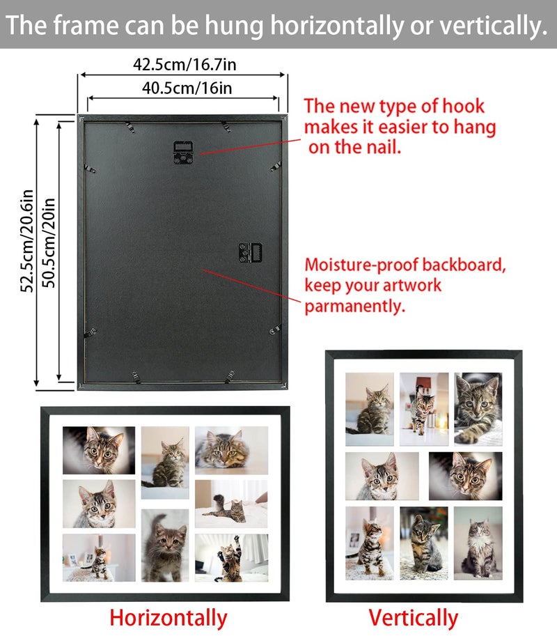 LTYHHK 4x6 Collage Picture Frame 8 Openings Solid Wood, Displays 8 Opening 4x6 with Mat or 16x20 Inch without Mat, Collage Photo Frames Black Family Picture Frame Multi-Photo Set (LMK05a) - Image 3