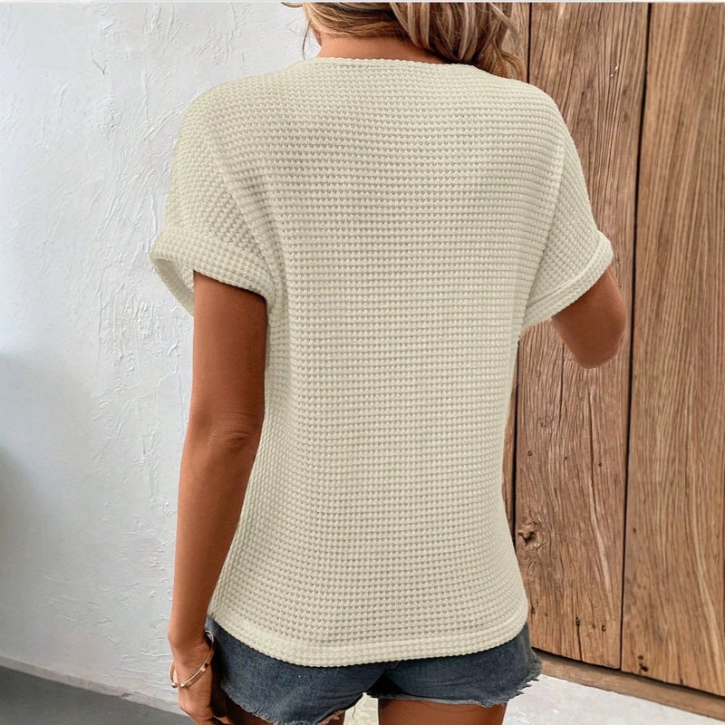 Women's Bohemian Lace Cutout V-Neck Waffle Knit Short Sleeve T-Shirt - Image 3