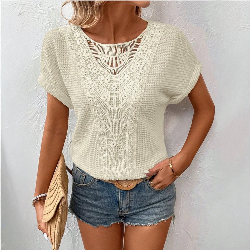Women's Bohemian Lace Cutout V-Neck Waffle Knit Short Sleeve T-Shirt - Image 4