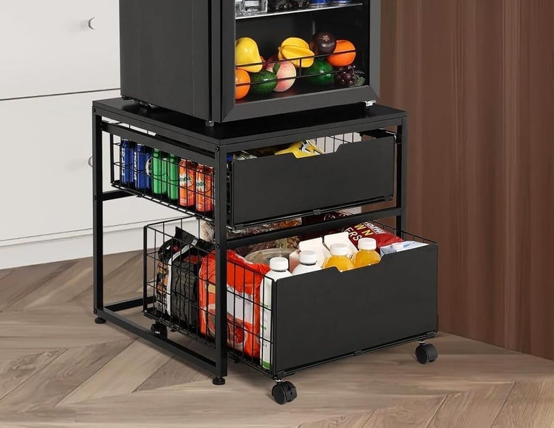OGFC 36244 Mini Fridge Stand with Storage Drawer Basket, 21.7" x 21.7" Mobile Fridge Table, Heavy Duty Fridge Cart, Small Refrigerator Stand for Beverage Coffee Bar Dorm Mini Fridge Cabinet - Image 1