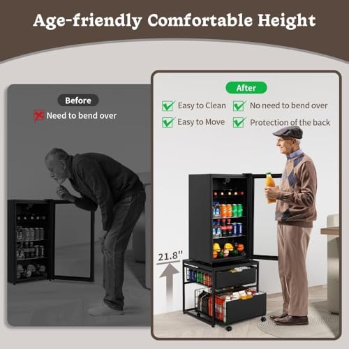 OGFC 36244 Mini Fridge Stand with Storage Drawer Basket, 21.7" x 21.7" Mobile Fridge Table, Heavy Duty Fridge Cart, Small Refrigerator Stand for Beverage Coffee Bar Dorm Mini Fridge Cabinet - Image 3
