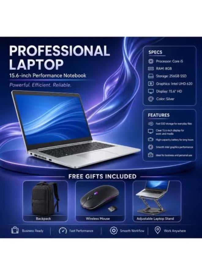 15.6 Inch Laptop with Core i5 Processor, 8GB RAM, 256GB SSD Storage, Includes Laptop Stand, Mouse and Carrying Bag for Work, Study and Everyday Use - Image 1