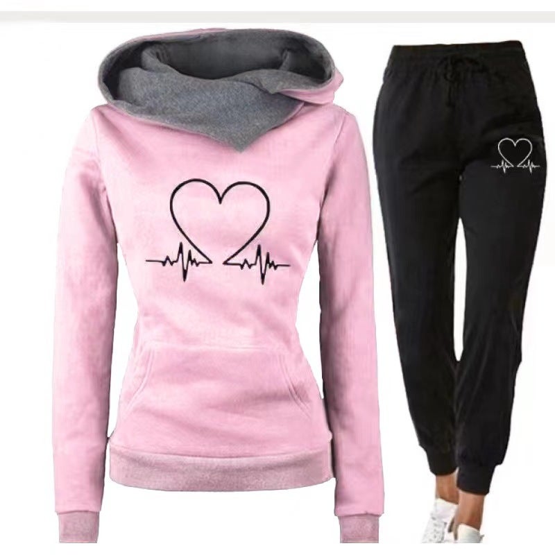 Womens Casual Printed Hoodie Sweatshirt Set Pink  - Image 1