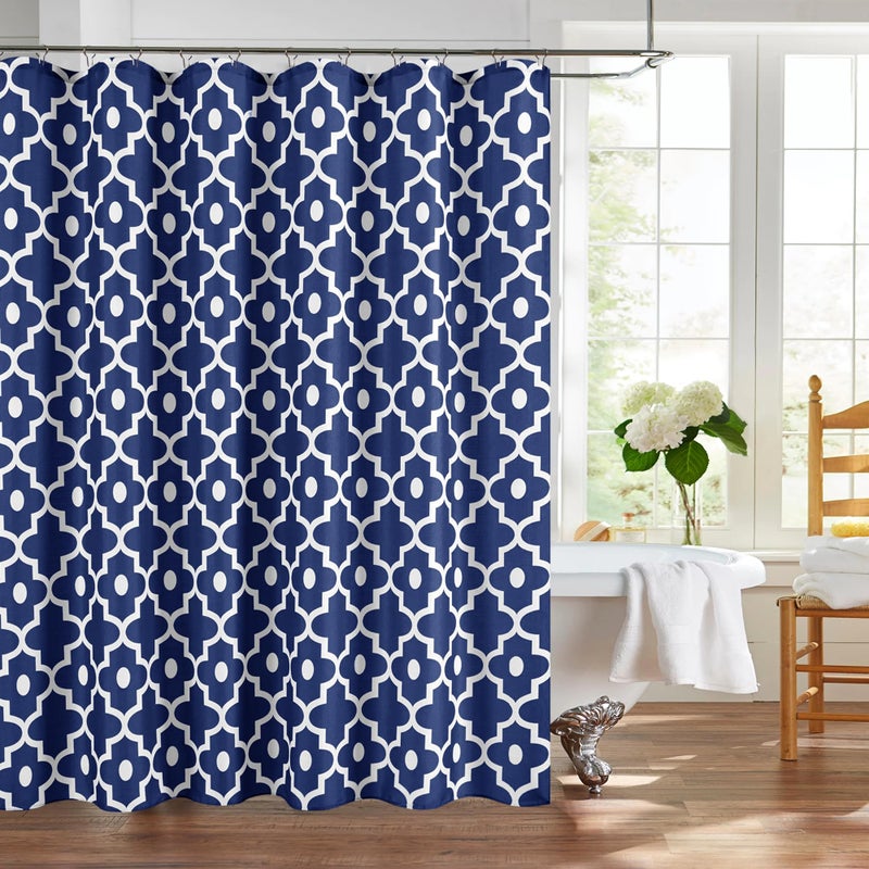 Biscaynebay Extra Long Textured Fabric Shower Curtains 72" W x 84" L, Navy Morocco Pearl Printed Hotel Spa Luxury Decorative Bathroom Curtain Machine Washable - Image 1