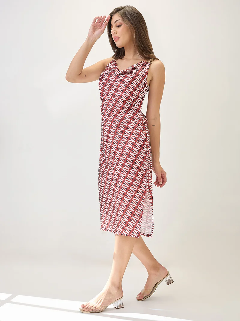 globus Globus Women Cowl Neck Metal Shoulder Straps Side Slits Sheath Midi Party Dress