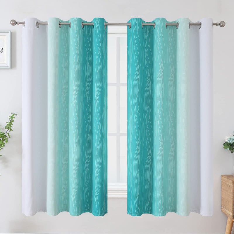 Estelar Textiler Teal and Greyish White Blackout Curtains 63 Inches Long  Room Darkening Grommet Curtains for Bedroom  Thermal Insulated Ombre Blackout Drapes for Living Room  52Wx63L  2 Panels - Image 2