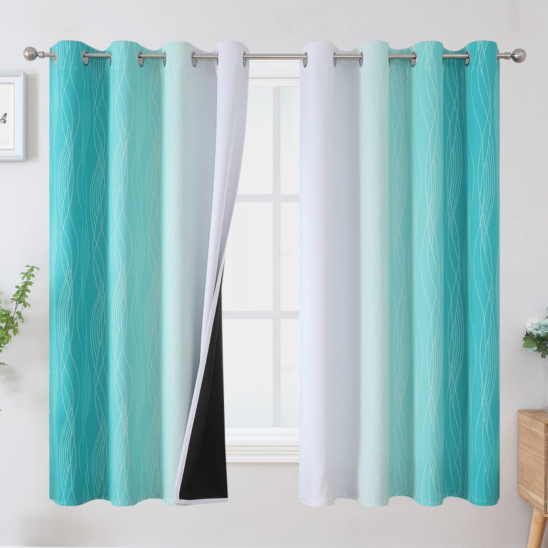 Estelar Textiler Teal and Greyish White Blackout Curtains 63 Inches Long  Room Darkening Grommet Curtains for Bedroom  Thermal Insulated Ombre Blackout Drapes for Living Room  52Wx63L  2 Panels - Image 1