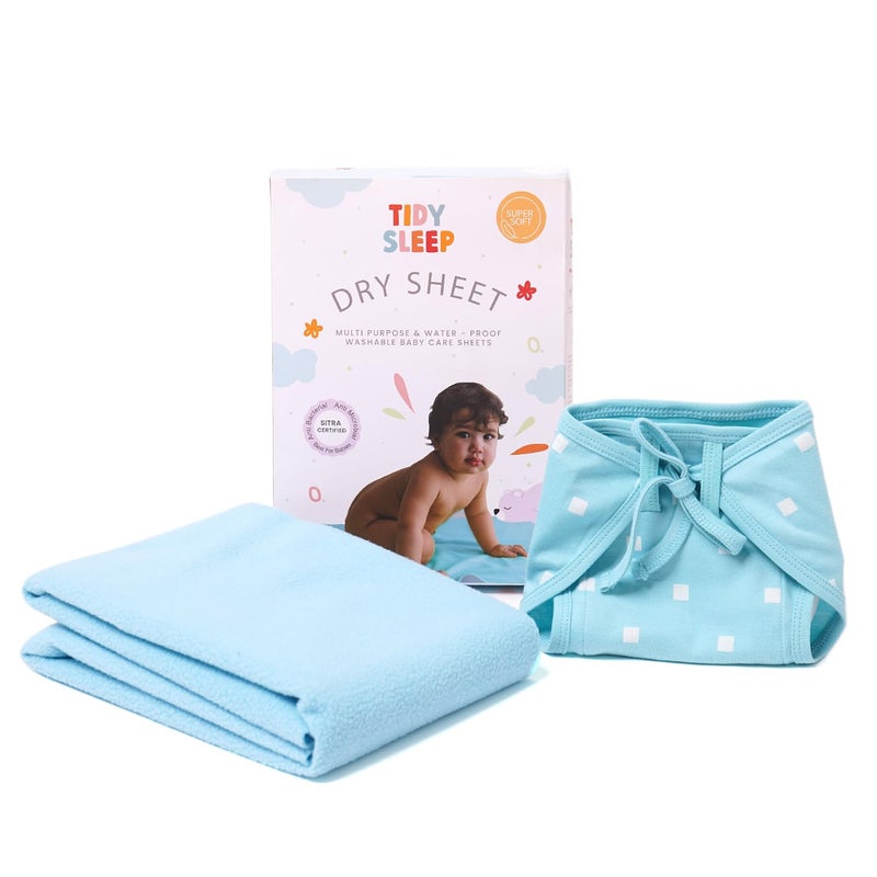 TIDY SLEEP شريحة جافة مائية للأطفال حديثي الولادة مع قماش جيرسي القطني باللون الأزرق متوسط (نقاط زرقاء) - Image 1