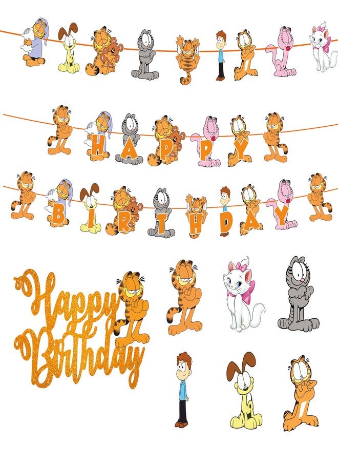 Seyal Gaarfield Theme Birthday Party Decorations - Includes Happy Birthday Banner, Cake Topper, Cupcake Toppers, and Tablecloth - Funny Cat Party Supplies for Boys and Girls Celebrations - Image 1