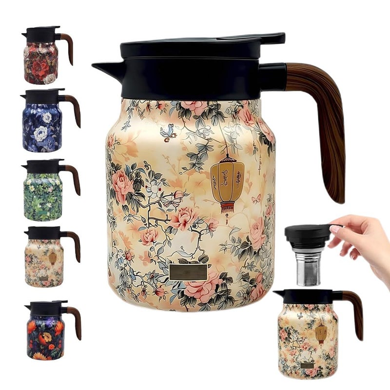 Vintage Floral Pattern TeapotVintage Teapot Builtin Infuser Stainless Steel Thermal Carafe with Lid for Hot DrinksWooden handle35oz