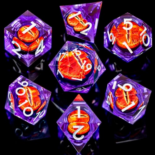 ARUOHHA DND Resin Dice Gazes Eye Dice Silver Purple Liquid Core Flaming RPG Sharp Edged Dice Set with Gift Box Polyhedral D and D Dice Set Compatible with Dungeons Dragons Role Playing Game D20 D6 - Image 5
