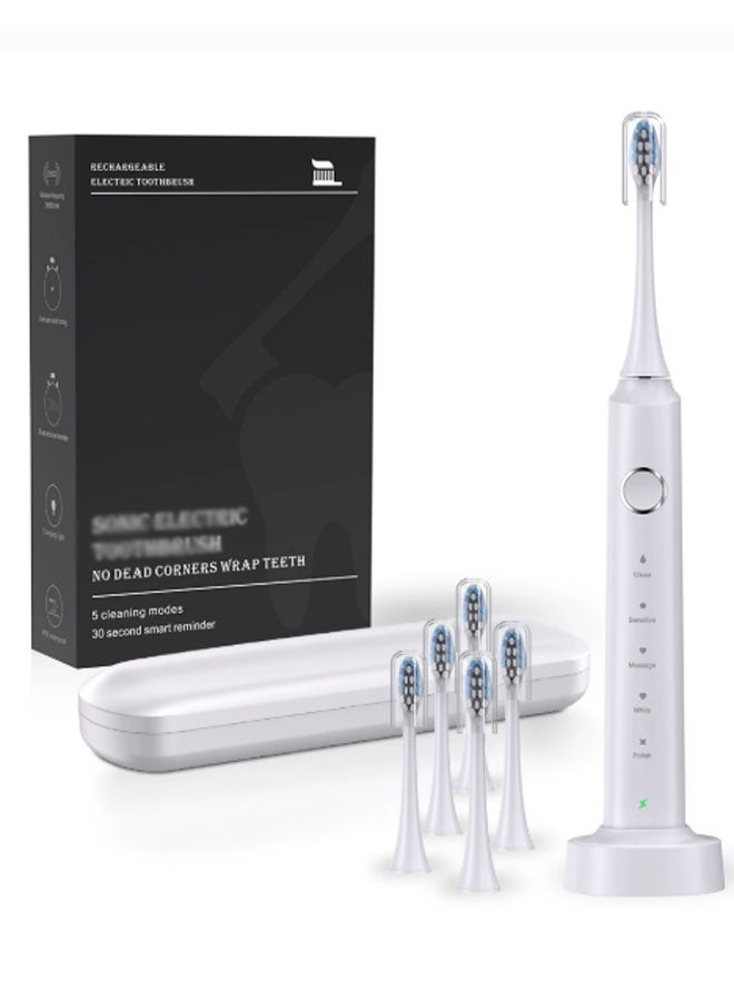 نيوترل فرشاة أسنان كهربائية صوتية محمولة بـ 5 سرعات و 6 رؤوس فرشاة فرشاة أسنان كهربائية ذات شعيرات ناعمة للاستخدام المنزلي، طراز للبالغين/فرشاة أسنان أساسية للمنزل (بيضاء) - Image 1