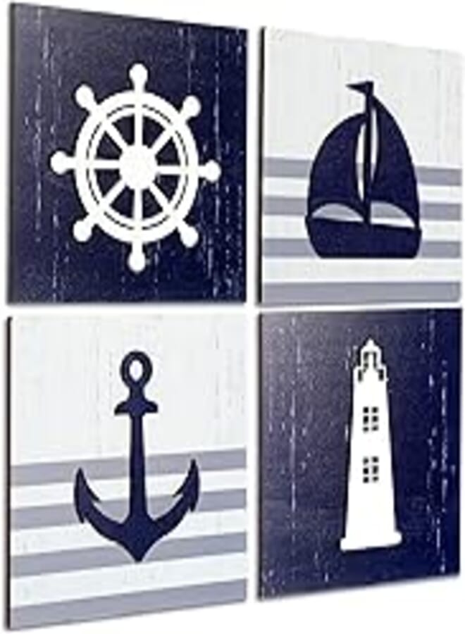 4 Pieces Nautical Wall Decor Anchor Ship Wheel Sailboat Lighthouse Wooden Sign Rustic Beach 3D Wood Print Sign Beach Bathroom Wooden Plaque Decor Ocean Coastal Theme Ocean Decor (Dark Blue, White)