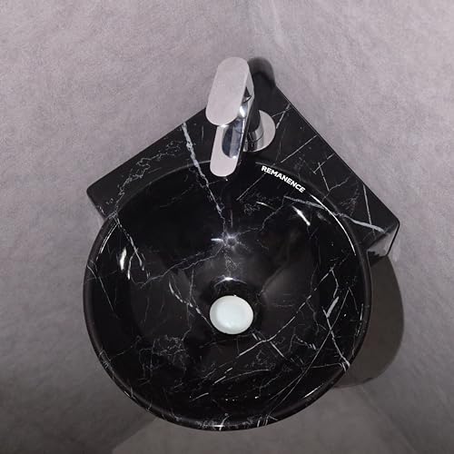 REMANENCE Wall Mounted Wash Basin for Bathroom | Ceramic Wash Basin Wall Hung Small Corner Wash Basin/Sink (16.3 x 13.8 x 4.3 Inch) (Glossy Black White Stripe) - Image 2