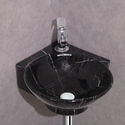 REMANENCE Wall Mounted Wash Basin for Bathroom | Ceramic Wash Basin Wall Hung Small Corner Wash Basin/Sink (16.3 x 13.8 x 4.3 Inch) (Glossy Black White Stripe) - Image 4