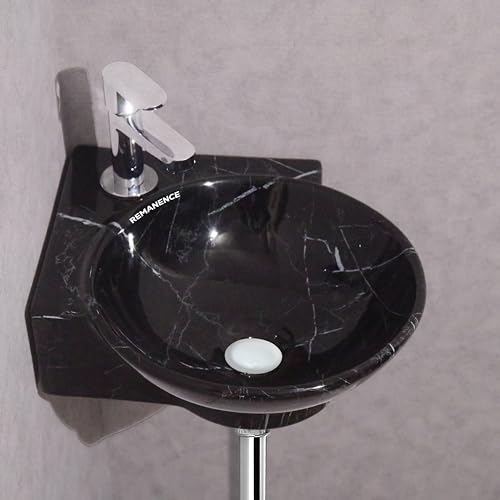 REMANENCE Wall Mounted Wash Basin for Bathroom | Ceramic Wash Basin Wall Hung Small Corner Wash Basin/Sink (16.3 x 13.8 x 4.3 Inch) (Glossy Black White Stripe) - Image 1