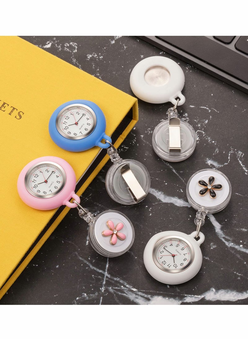 SOLARAE Retractable Nurse Watches, Clip-on Hanging Fob Portable Pocket Watch with Cute Flower Pattern, Lapel Watches for Nurses Doctors with Silicone Cover - Image 3